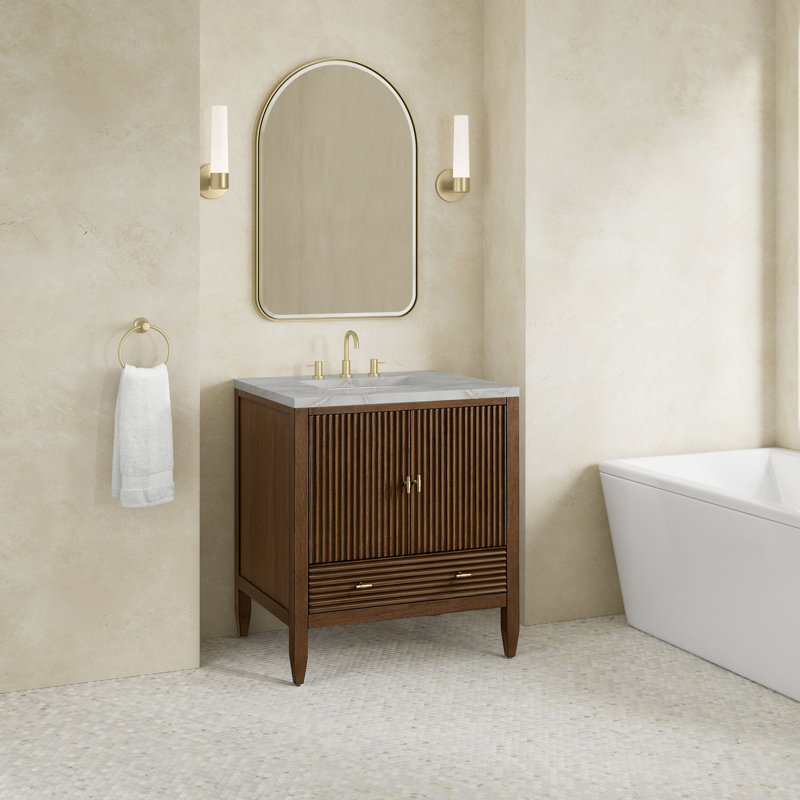 Myrrin 30" W Single Vanity, Victorian Silver Silestone, Mid-Century Walnut, 8" Widespread