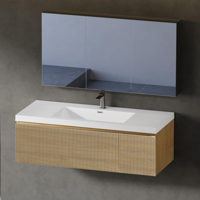Meuble-lavabo suspendu simple de 122 cm (48 po), tiroir à fermeture douce cannelé vertical, forme en U, préassemblé, armoire en chêne naturel, lavabo en surface solide blanche