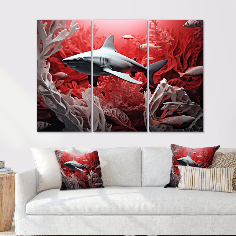 Monogramme de requin rouge et gris - ensemble d'art mural toile corail sous l'eau, H 40 po x l 60 po