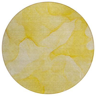 8' Round Gold Abstract Washable Non Skid Indoor Outdoor Area Rug