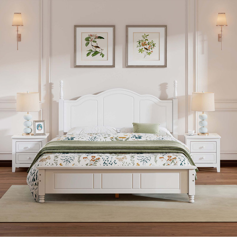 3-Pieces Bedroom Sets,Queen Size Wood Platform Bed  And Two Nightstands-White
