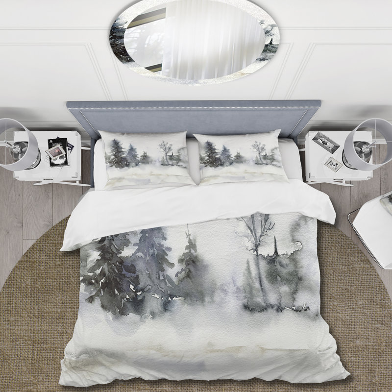 Ensemble de housse de couette Christmas Micrimalistic Forest Landscape and Snow - Lake House - Microfibre polyester