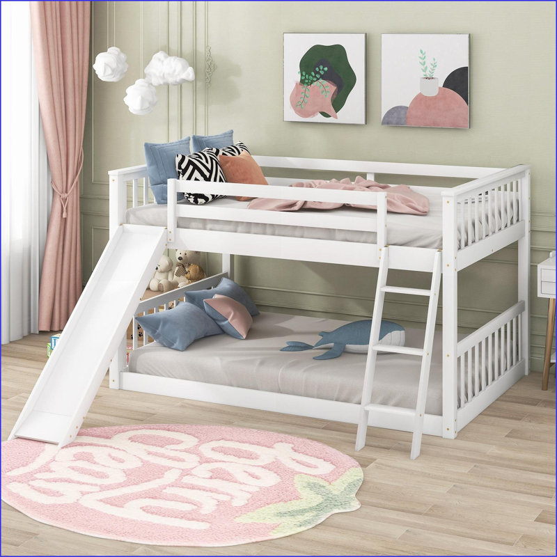 Lit superposé double en bois de pin avec glissière convertible Échelle - blanche, peu encombrante pour les petites pièces
