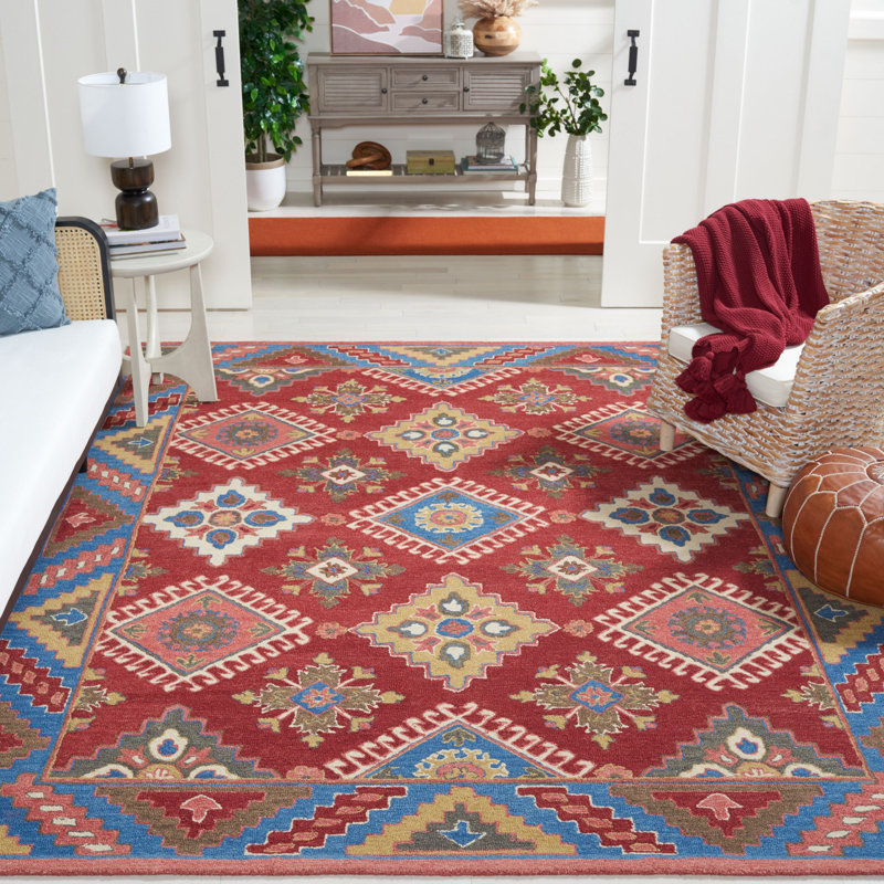 Vahakn Hand Tufted Wool/Cotton Southwestern Rug in Blue/Red, Rectangle 8' x 10'