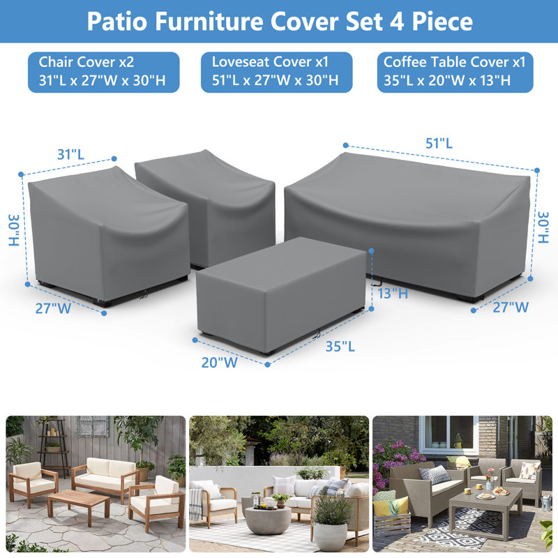 Patio Furniture Set Covers for 4 Piece Outdoor Conversation Set, Gray