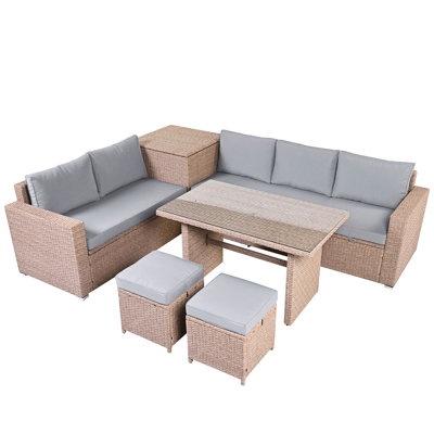 Outdoor 6-Piece All Weather Pe Rattan Sofa Set, Garden Patio Wicker Sectional Furniture Set With Adjustable Seat, Storage Box, Removable Covers And Tempered Glass Top Table