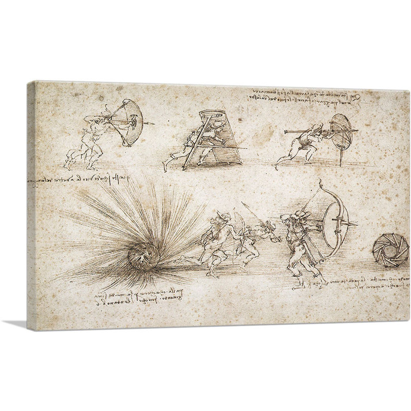 " Bow, Shield And Weapons Designs " by Leonardo Da Vinci Painting Print, 18" H x 26" W x 0.75" D