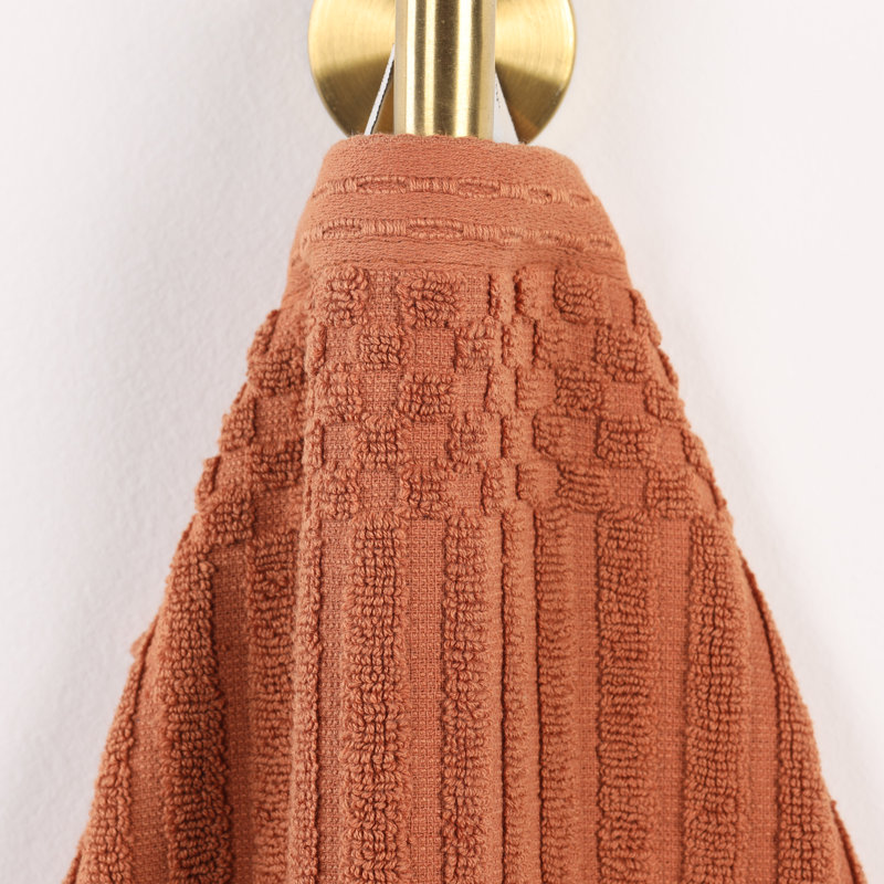 Kaelea Soho Cotton Ribbed Checkered Border Medium Weight 3 Piece Assorted Bathroom Towel Set, 6 Piece Towel set, Rust