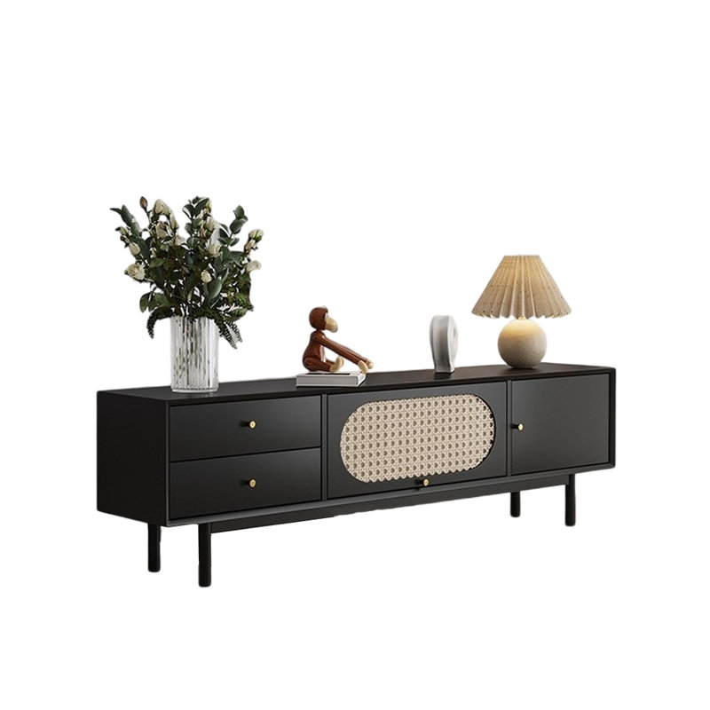 Meuble télé en bois massif de style japonais, Noir 1, 62.99"