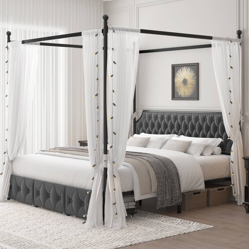 Artevious Upholstered Metal Canopy Storage Bed, King, Dark Gray