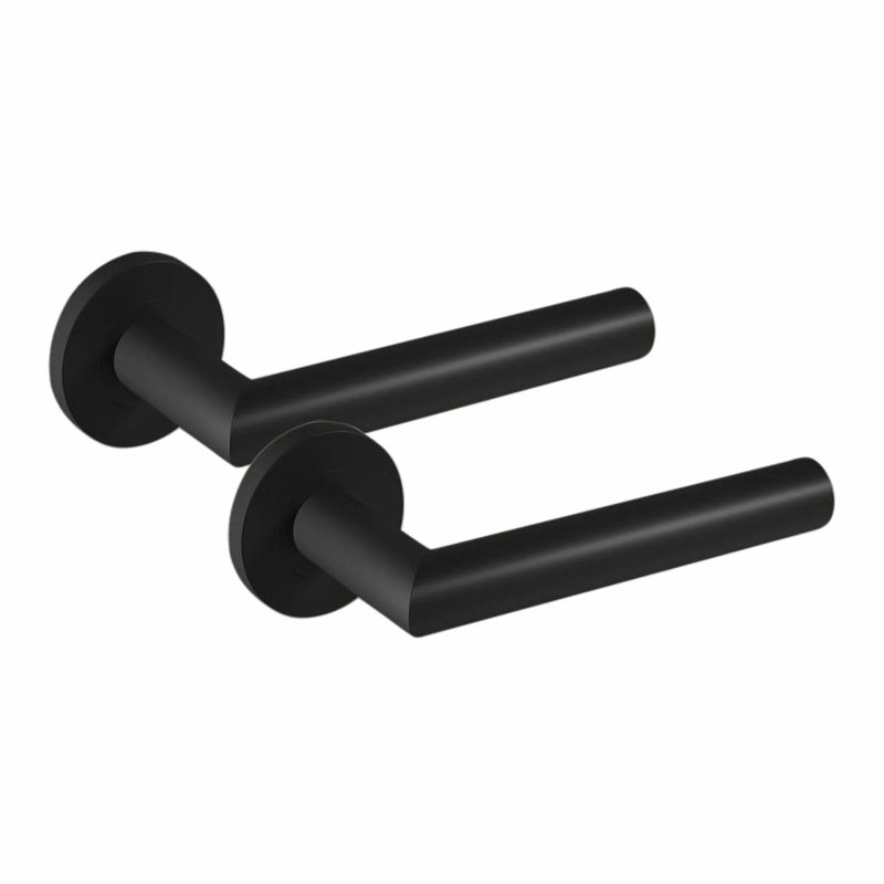 5 Pairs Mitred Design Door Handles on Round Rose in Matt Black Finish with 2.5" Tubular Latch - 52mm Diameter, Latch