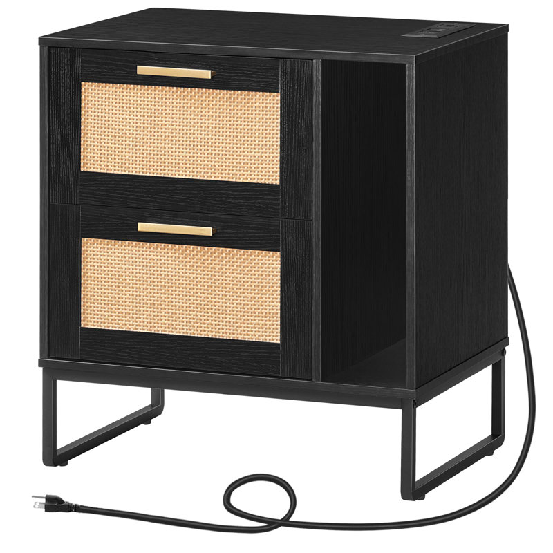 Bennye 21.65'' W Nightstand with Storage and Built-In Outlets,Rattan  Nightstand