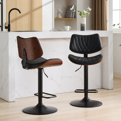 Chaises de bar à hauteur ajustable en noyer, siège en cuir noir, pivotant à 360 °, 2 tabourets de style Mid-Century pour îlot de cuisine / salle à manger, revêtement, hauteur, café