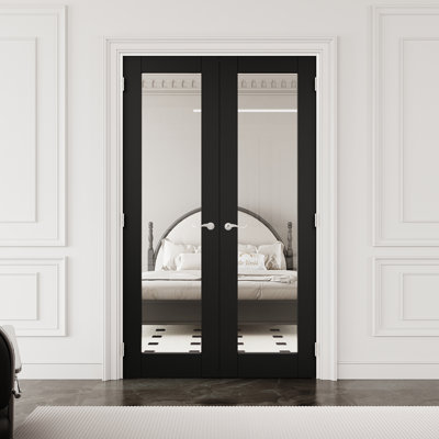 48" x 80" 1-Lite Black Clear Glass Interior French Door with Silver Hardware & Latch & Door Lever, Tempered Glass Door Slab with Satefy, Sound-Dampening & Waterproof, Suit for Laundry, Closet Doors, Room Doors, Assembly Required