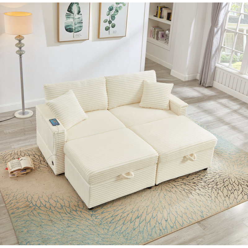 Canapé confortable moelleux en velours côtelé, espace de rangement pour grande causeuse, méridienne super moelleuse avec repose-pieds double et table de bout
