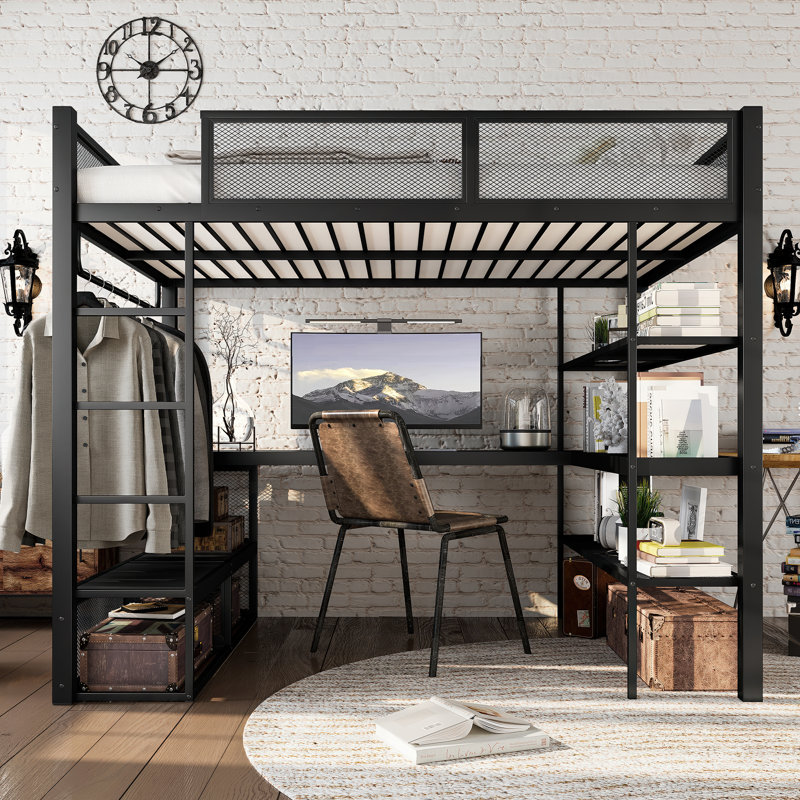 Queen Size Loft Bed with Storage Shelves, Metal Loft Bed with Clothes Hanging Rod and Desk, No Box Spring Needed Design, Black