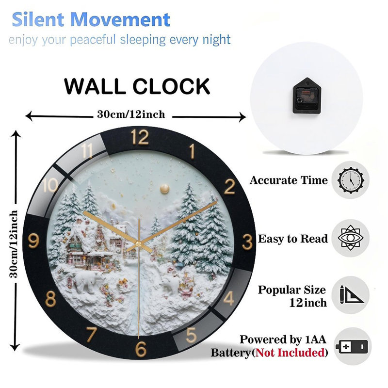 Clock-With-Winter-Village-And-Polar-Bears Art - 12‘’ Modern Glass Wall Clock