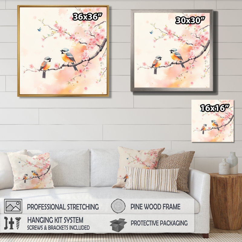 Oiseaux et fleurs de style chinoiserie rose et orange I - Tableau encadré représentant un arbre, H 30 po x l 30 po