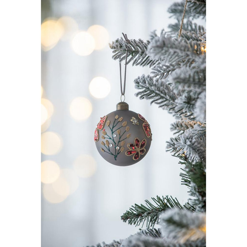Elegant Gray and Red Glass Christmas Ball Ornaments, Set of 6