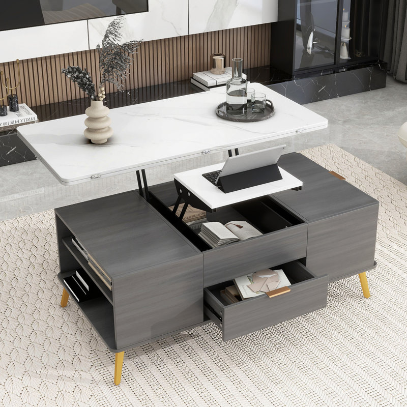 Table, table basse multifonctionnelle à plateau relevable moderne avec tiroirs en gris et blanc
