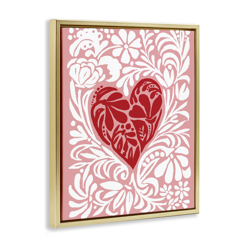 «Red Leafy Heart» sur cadre flottant rose, design par Cindy Jacobs, H 31 po x l 25 po, Cadre flottant métallique doré