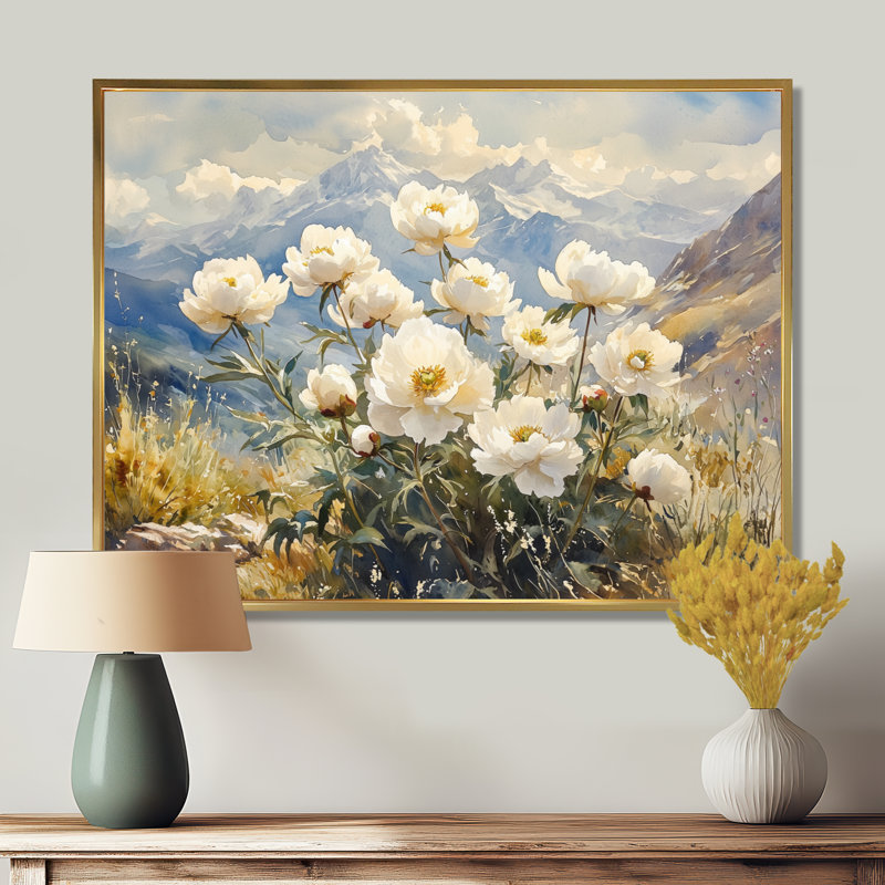 Pivoines dans le plateau balayé par le vent I - pivoines, art mural, H 12 po x l 20 po, Cadre flottant doré