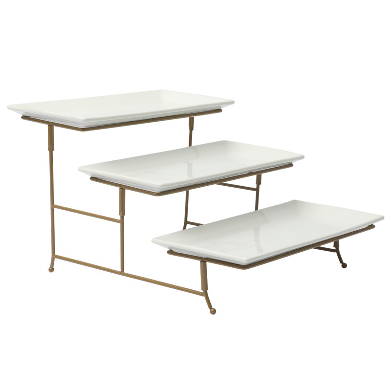 Gibson Home Gracious Dining Dinnerware, 3-Tier Rectangle Plate Serving Set with Gold Metal Stand, White