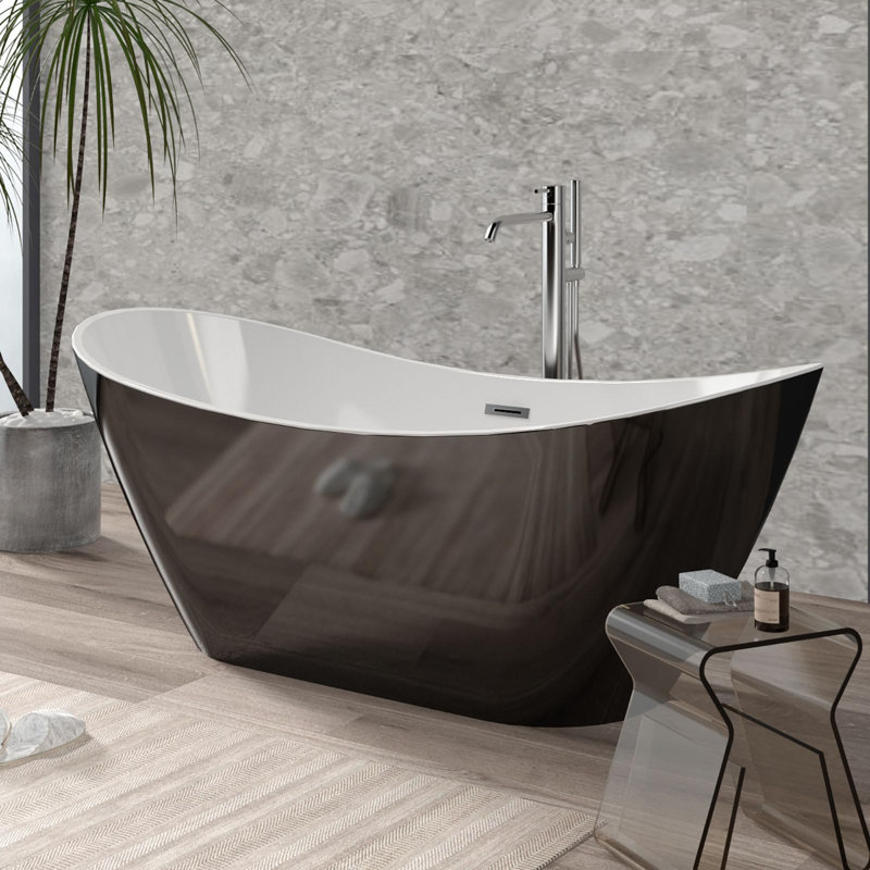 67" Freestanding Bathtub, Black Acrylic Streamline Stand Alone Soaking Bath Tubs For Adult With Overflow And Drain In Chrome