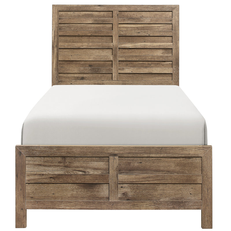 Structure de lit simple de style rustique au fini pin vieilli, comprend une tête de lit et des traverses, une option de mobilier de chambre à coucher, un sommier tapissier nécessaire, une finition à motif de ligne moderne à installation rapide, des rails inclus, des meubles,