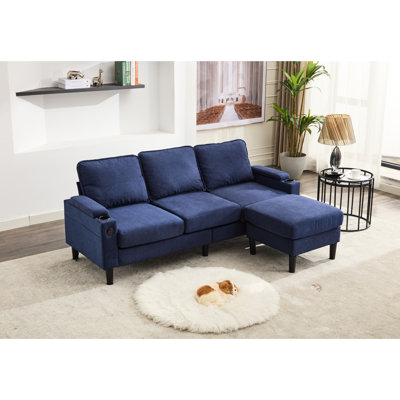 Canapé modulaire bleu avec éléments utiles - bâbord, porte-gobelets, sacs à magazines, rangement, dossier rembourré