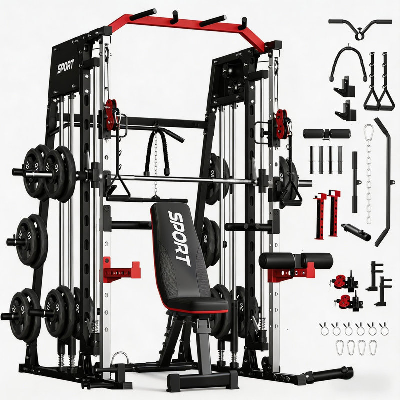 Cage de musculation tout-en-un Smith Machine de 2200 livres, rack à squats multifonctionnel pour salle de sport à domicile avec système de poulies croisées à double câble et banc de poids réglable pour un entraînement de force complet du corps