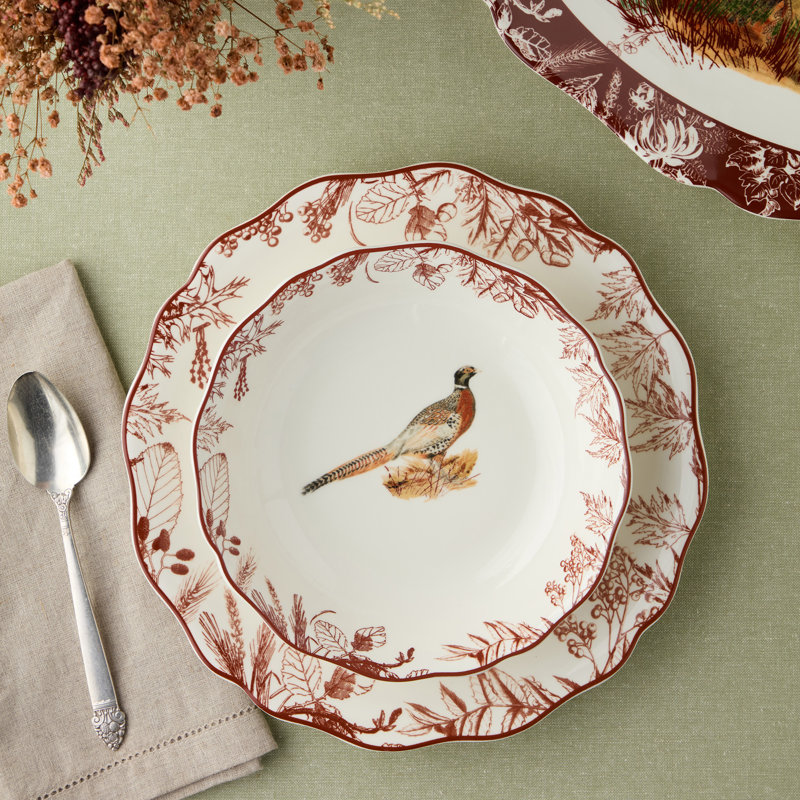 Ensemble de 4 bols à soupe Pheasant Grove 8in 26oz - Assortiment de conceptions de faisan Naturalist sur grès ivoire avec bordure botanique festonnée bourgogne