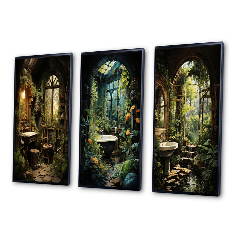 Salle de bain rustique Woodland Retreat - ensemble d'art de salle de bain de 3 pièces, Cadre noir, H 32 po x l 48 po