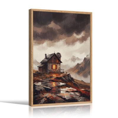 Toile murale d'Halloween « Cabane de montagne avec fenêtre lumineuse sous la pluie »