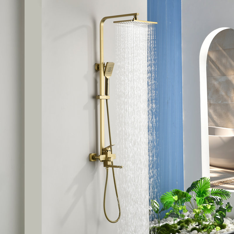 Wall Mounted 3-Function Exposed Complete Shower System With Handheld Shower And Tub Faucet, Brushed Gold