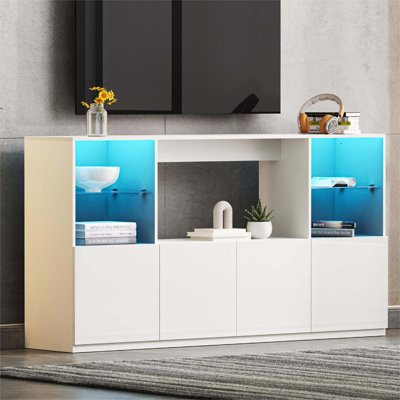 High Gloss TV Stand with LED Lights, Modern Sideboard with Large Storage Cabinet, Media Console with Tempered Glass Shelves for TVs up to 75"", Living -  Ivy Bronx, 241ABF90CB0845B2A8504B3B38203172