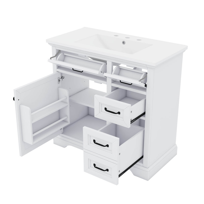 Meuble-lavabo 36 po avec lavabo, lavabo en céramique, 2 tiroirs basculants, Blanc