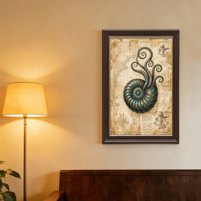 Art mural antique sur toile encadré doré pour le salon, la chambre à coucher, le bureau ou le vestibule - Décoration murale décorative avec coquille de pieuvre