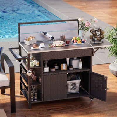 Upgrade Outdoor Bar Cart With Rattan Storage Cabinet And Rolling Wheels
