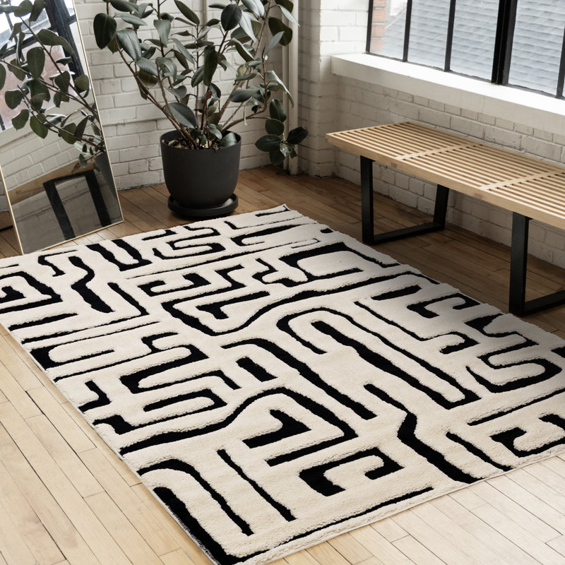 Tapis d'intérieur noir blanc Hopwood, Rectangle 7 pi 10 po x 10 pi 6 po