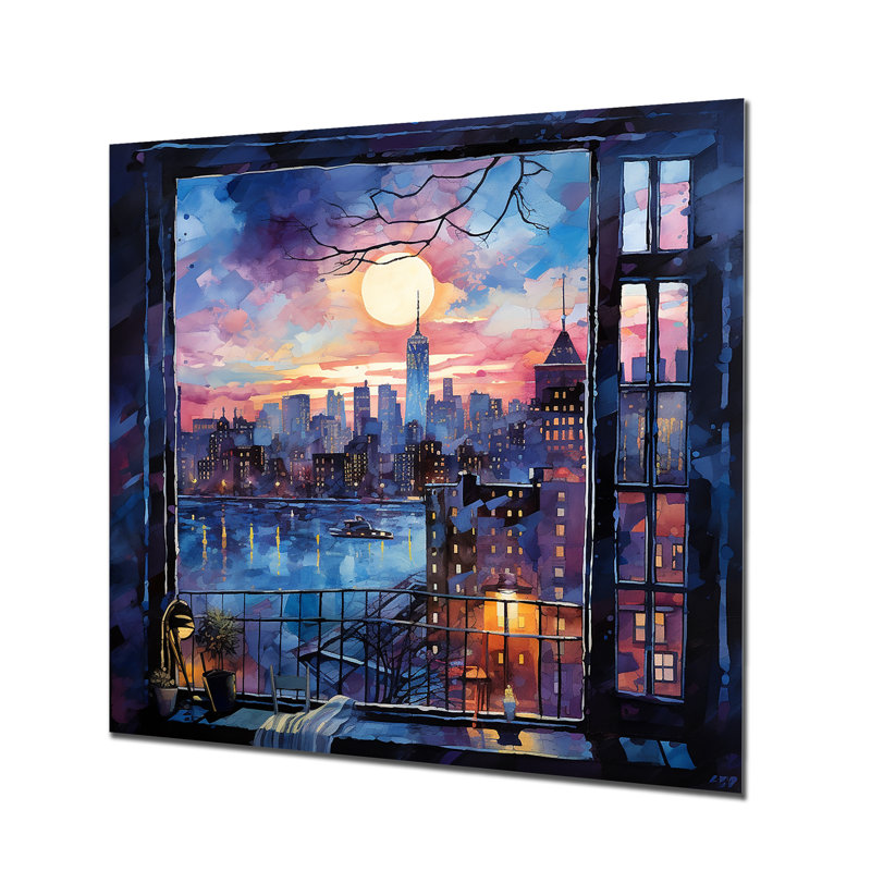 «Blue NYC At Night Window View II - New York City», art mural en métal, H 16 po x l 16 po