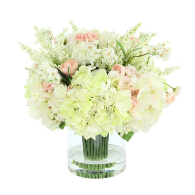 Hydrangea, Ranunculus, and Cherry Blossom Floral Arrangement in Vase