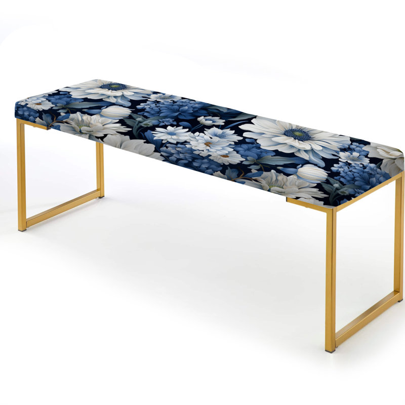Blue And White Blooming Floral Pattern IV - Floral Upholstered Gold Bench