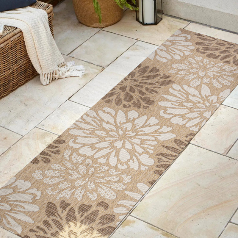 Zinnia Modern Floral Textured Weave Brown/Cream Indoor/Outdoor Rug, Runner 2'2" x 10'