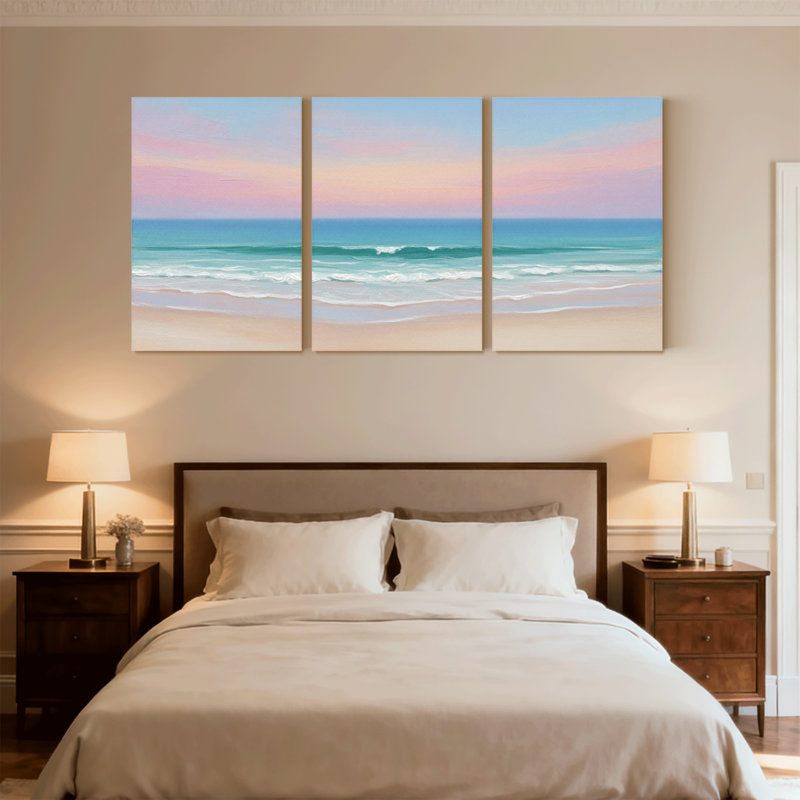 Nautique et plage, vagues de l'océan, coucher de soleil, horizon de sable, ensemble de 3 impressions sur toile