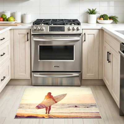 Tapis bleu lavable à la machine, belle surfeuse, plage, surf, coucher de soleil, Hawaii, femme