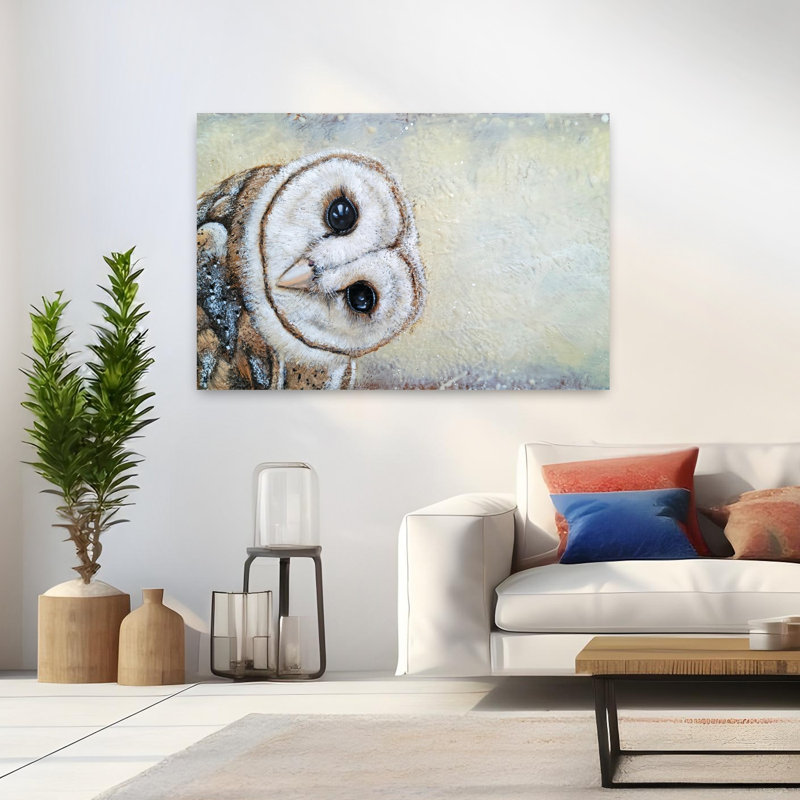 Curiosité d'art d'oiseau hibou contemporain, H 32 po x l 48 po
