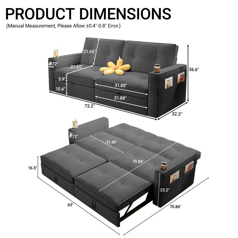 73" Queen Square Arms Tufted Back Convertible Sleeper Sofa with Cushions for living rooms, Gray