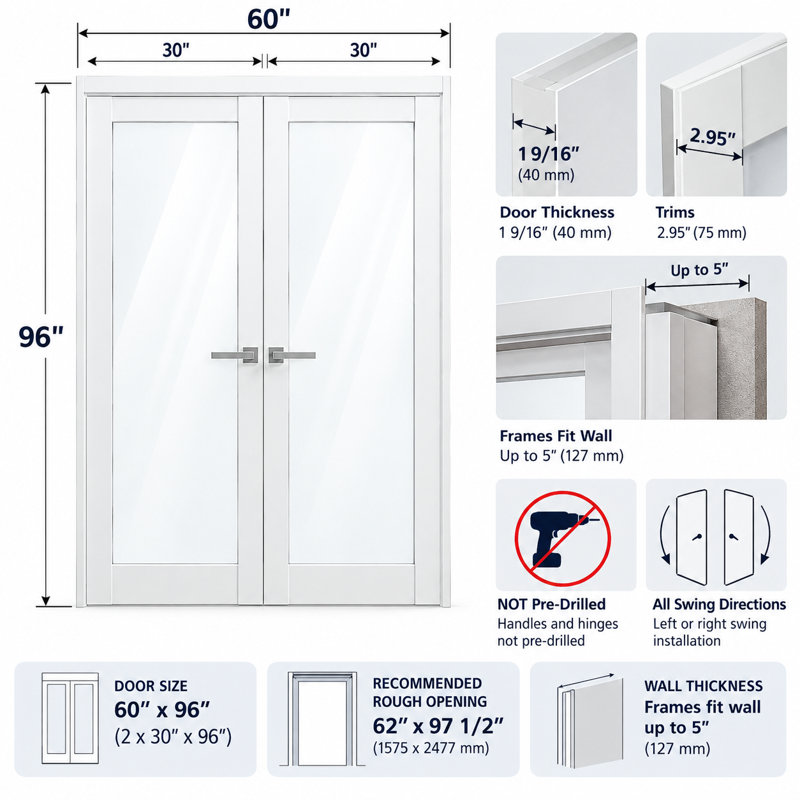 Portes doubles françaises robustes en verre clair Lucia 2166 Blanc Soie, cadre en bois massif, finitions soignées, idéales pour une chambre ou un dressing. Dimensions : 152 x 213 cm (2 x 76 x 213 cm).