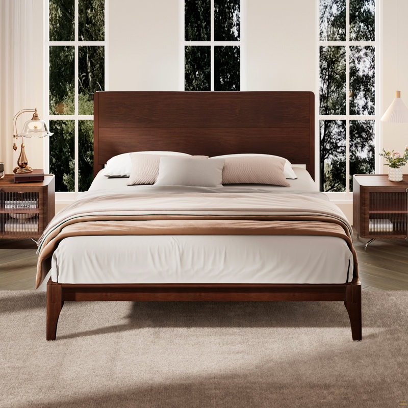 Grand lit plateforme Mid-Century moderne en bois de bambou de 12 pouces avec support en métal à lattes de bois, aucun sommier requis, assemblage facile